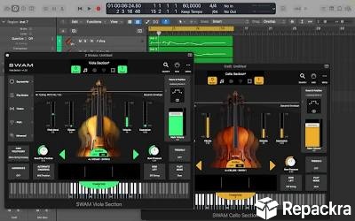 SWAM String Sections virtual room simulator showing orchestral instrument placement stage mapping