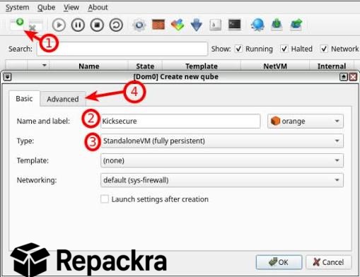 Qubes OS basic settings interface for creating a Kicksecure standalone VM.