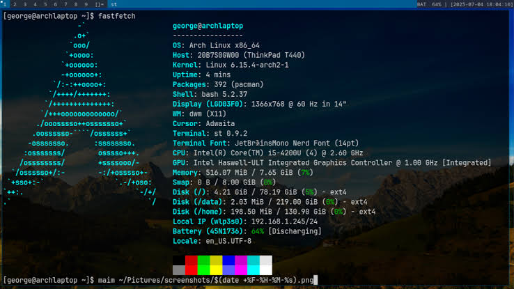 An Arch Linux ISO installation environment showcasing the fastfetch command output inside a terminal window over a scenic landscape wallpaper.
