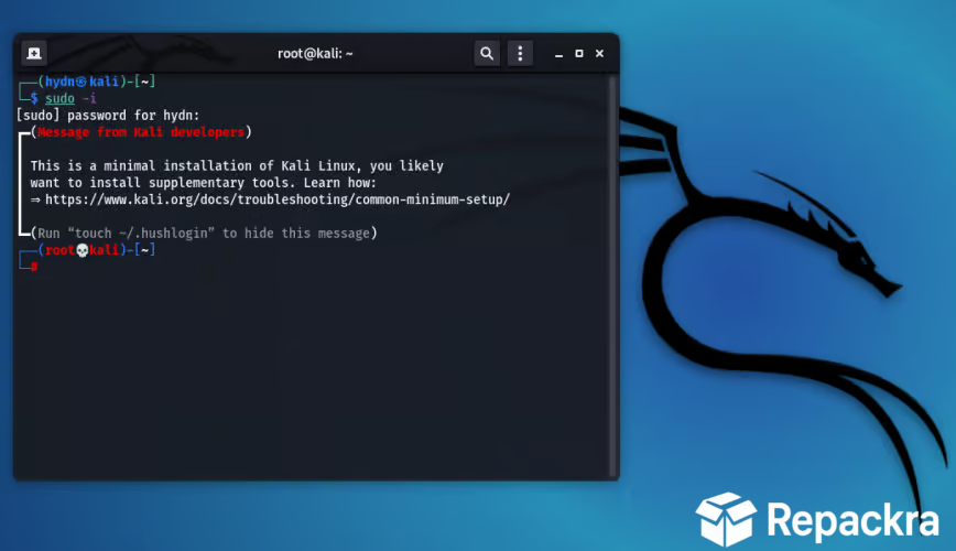 Kali Linux terminal window showing a user switching from a non-root user to root using the sudo command.