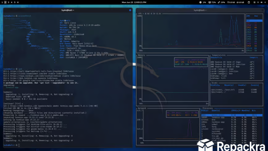 Kali Linux desktop environment featuring side-by-side terminal windows displaying Neofetch system specifications and an active command-line system resource monitor.