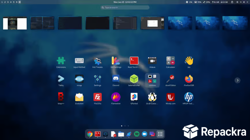 Kali Linux GNOME desktop interface showing the application overview grid with various pentesting and general system tools.