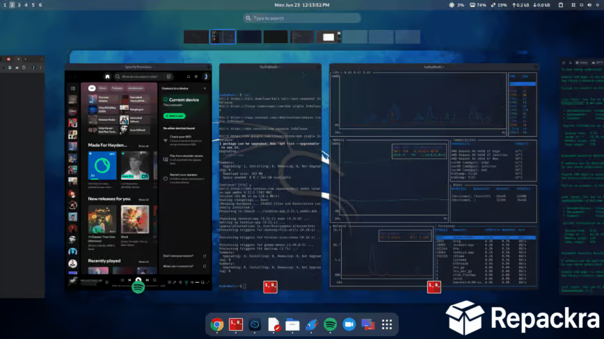 Kali Linux desktop interface in multitasking overview mode displaying Spotify and multiple terminal windows open side by side.