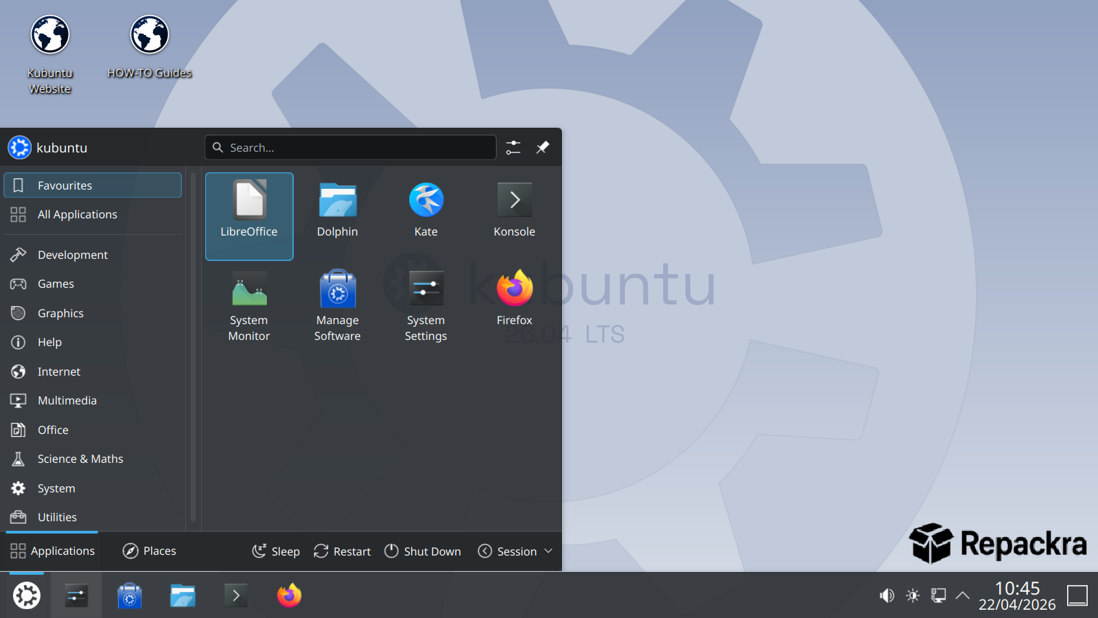 Kubuntu Linux application launcher menu over desktop wallpaper interface.