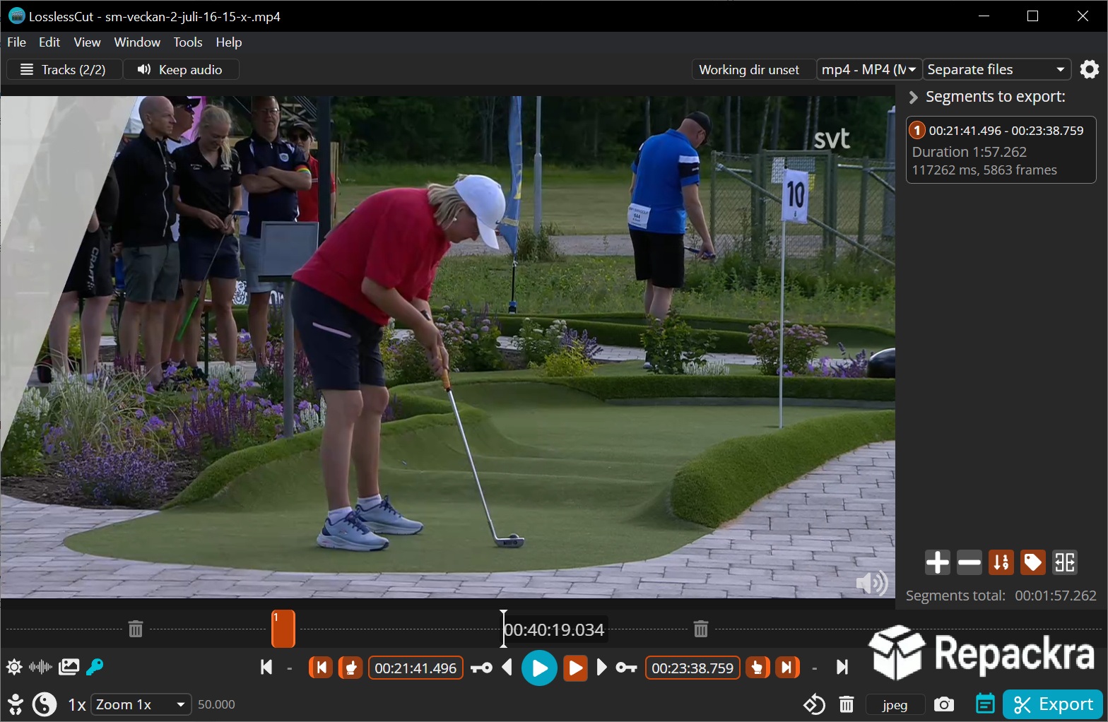 LosslessCut video trimmer software interface editing a mini golf gameplay video on Windows
