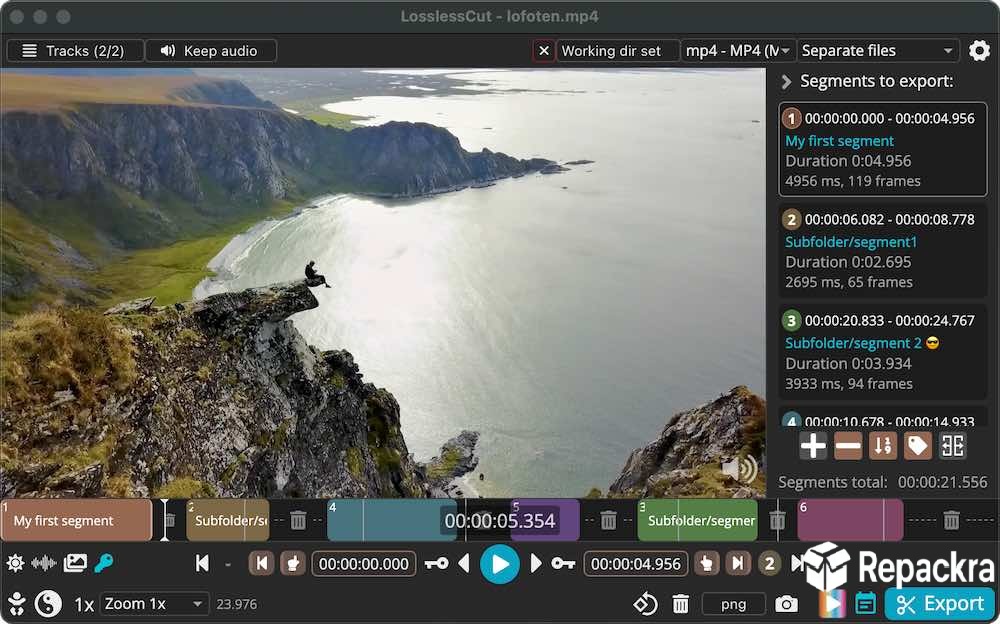 LosslessCut video trimmer desktop interface editing an mp4 video file on Windows