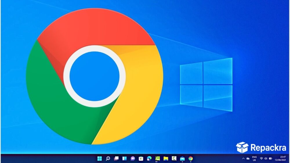 Google Chrome for Windows logo on a blue desktop background.
