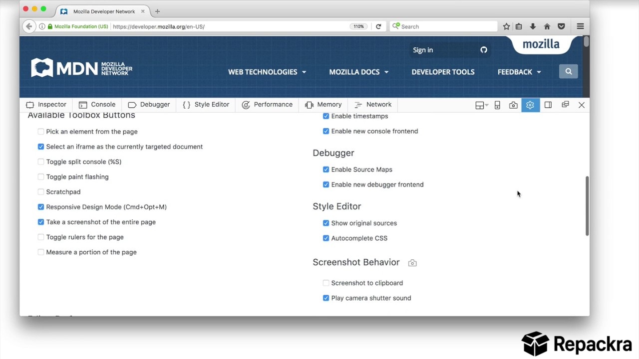 Firefox Nightly browser displaying the MDN Web Docs website with the built-in Page Inspector developer tools open on the right.