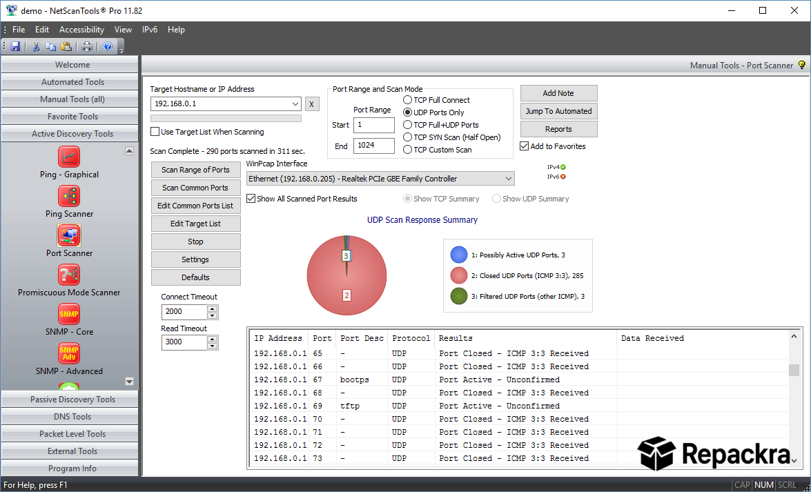 NetScanTools Pro desktop window displaying a completed UDP port scan response summary chart and data table.