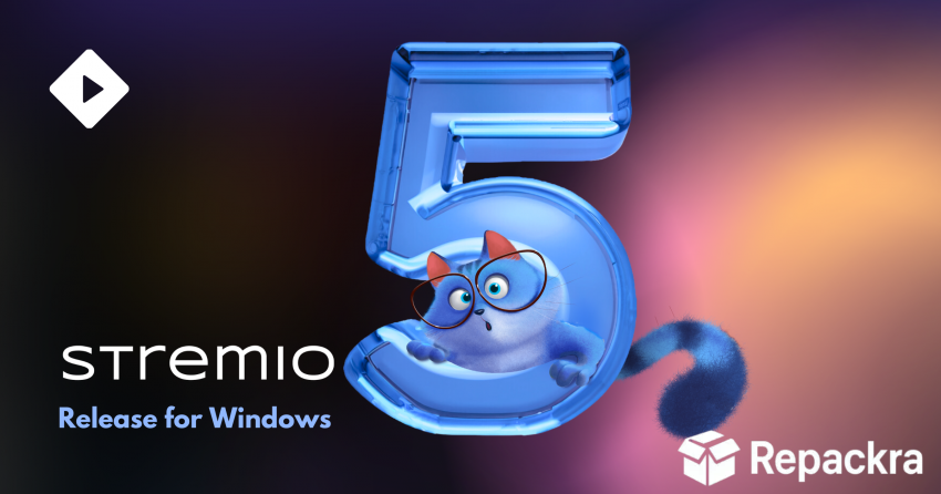 Stremio 5 promotional banner for Windows featuring a large glossy blue number five with a cartoon cat mascot