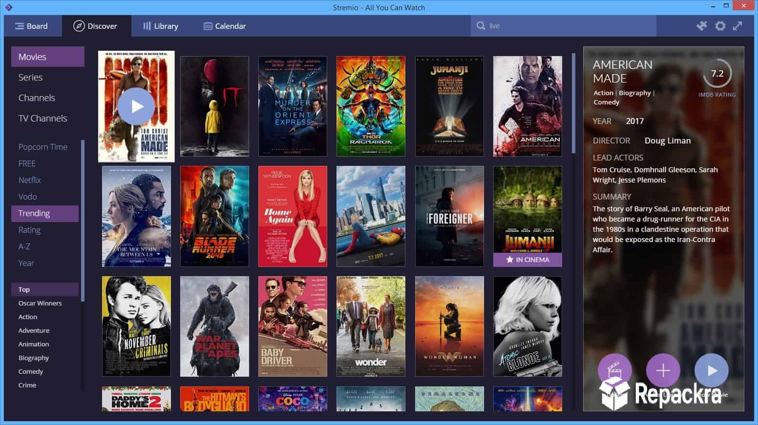 Stremio media streaming player interface for Windows showing a grid of movie posters and details sidebar