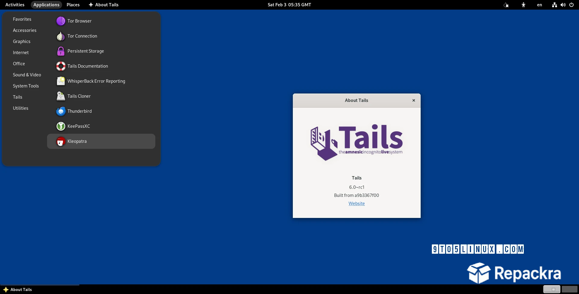 Tails OS desktop environment displaying the open Applications menu and the About Tails system configuration popup on a solid blue background.