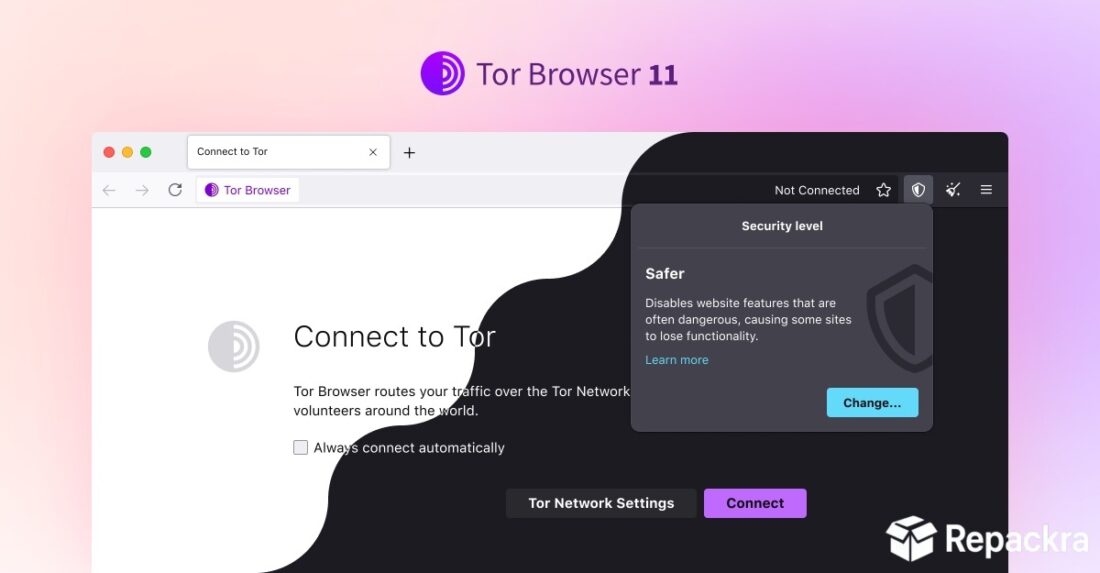 Tor Browser 11 user interface showcasing the connection window and security level panel.