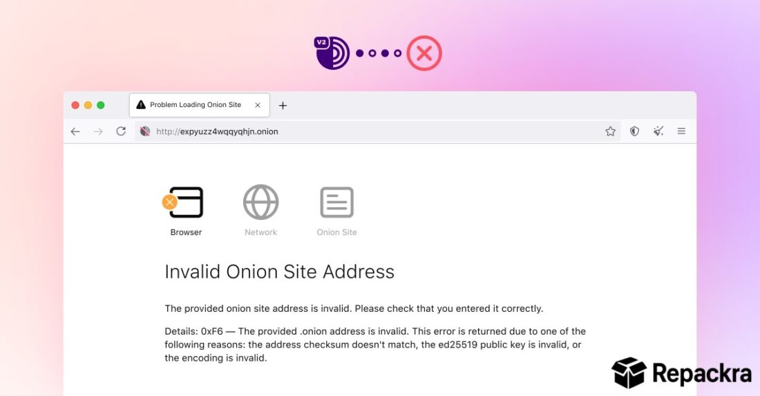 Tor Browser error screen displaying an invalid onion site address message.