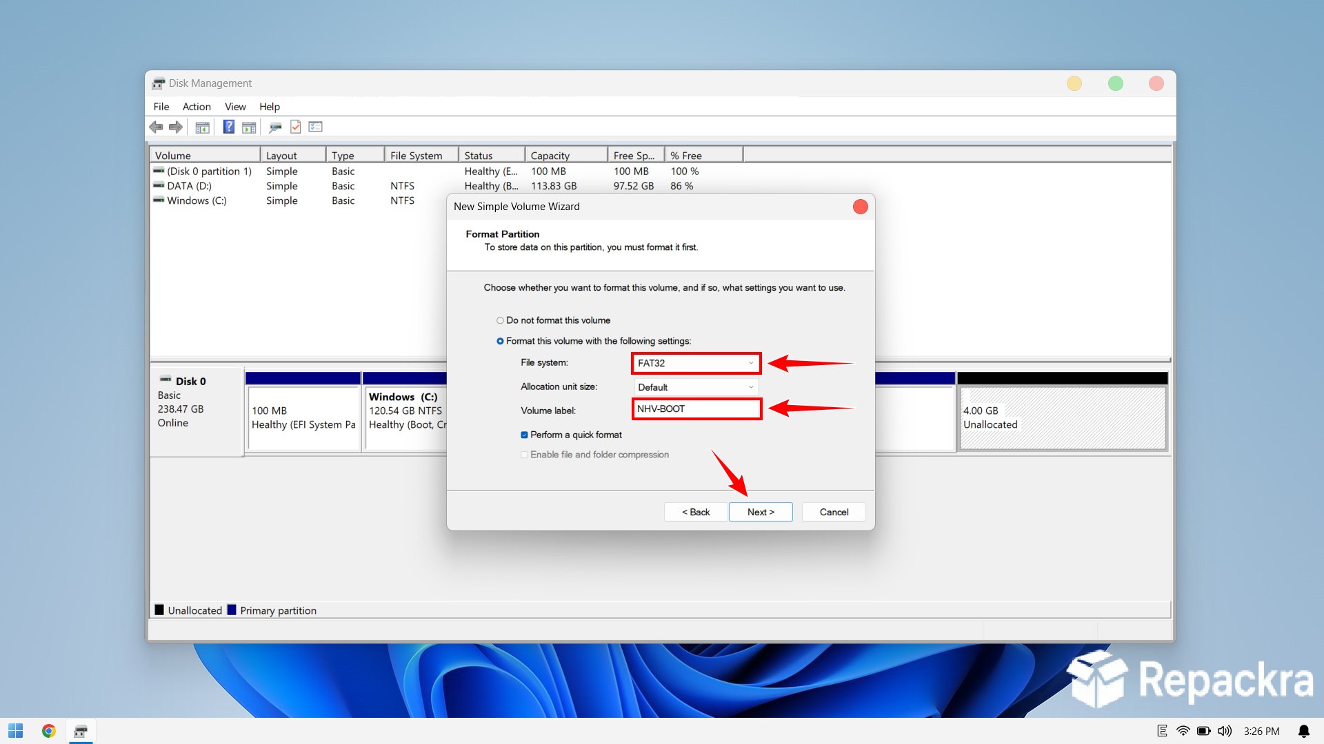 Windows Disk Management New Simple Volume Wizard setting FAT32 file system for NHV-BOOT.