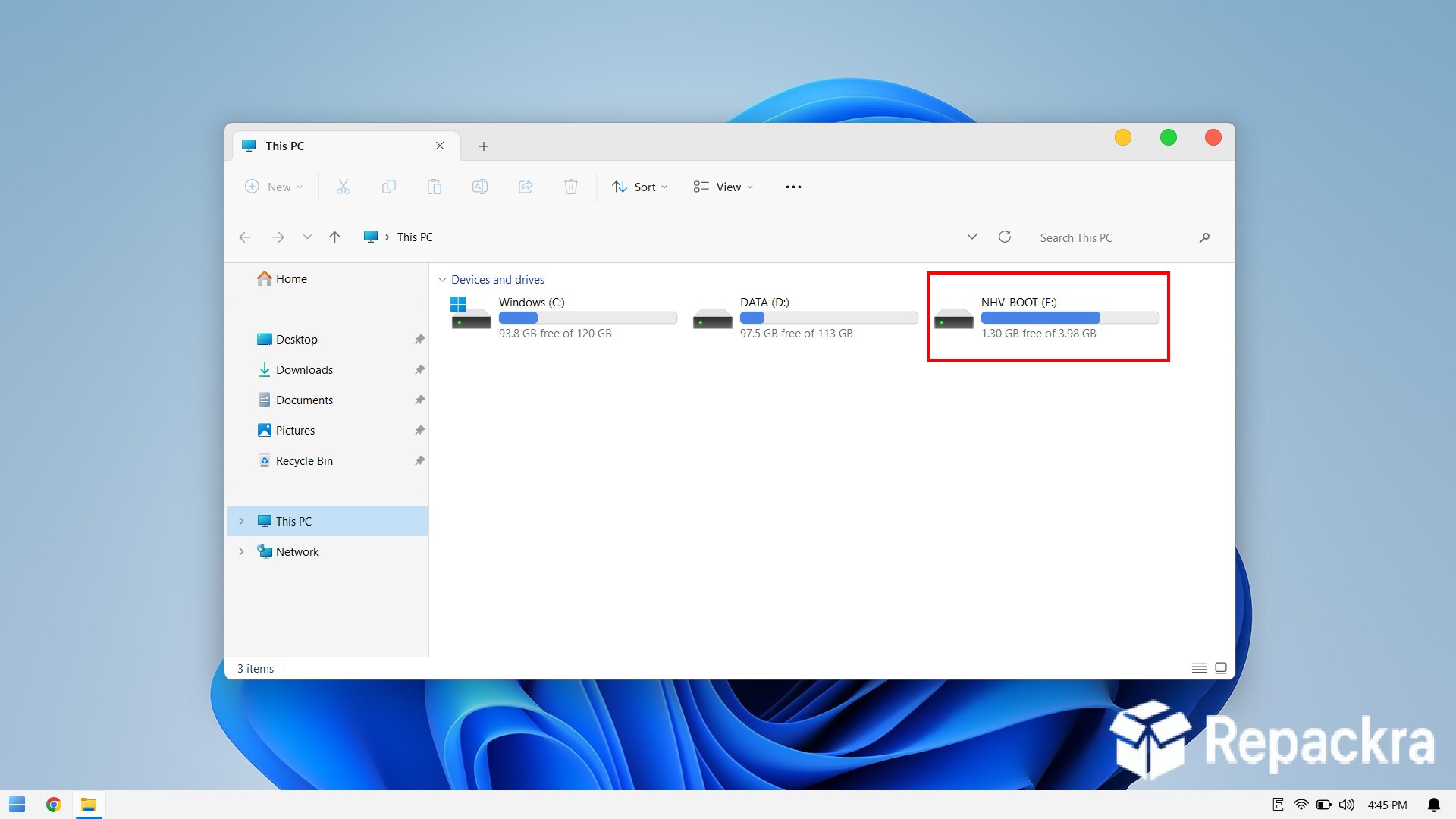 Windows File Explorer window showing the NHV-BOOT E drive partition.