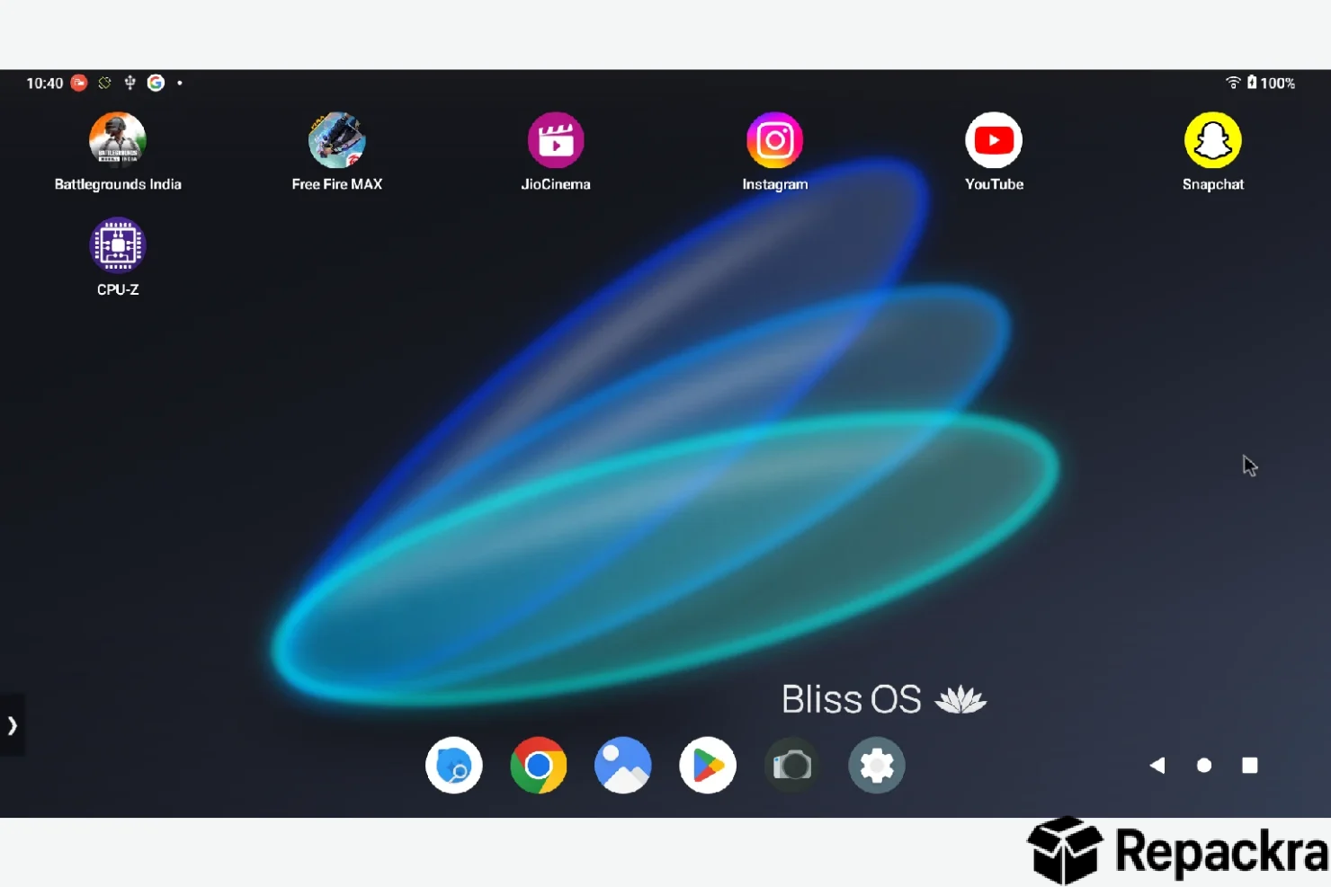 Bliss OS desktop home screen with Android app shortcuts.