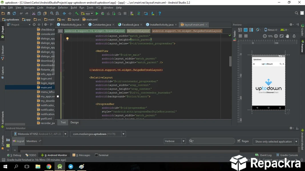 Android Studio IDE interface showing XML layout code and an app design preview window.