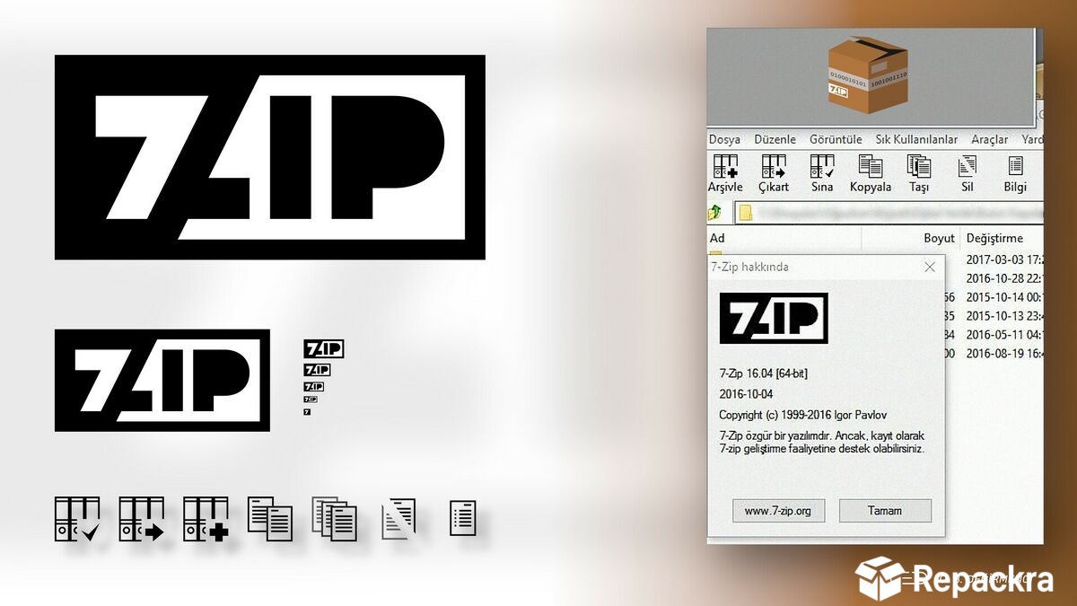 Alternative 7-Zip file archiver utility logo design concept alongside application system window layouts.