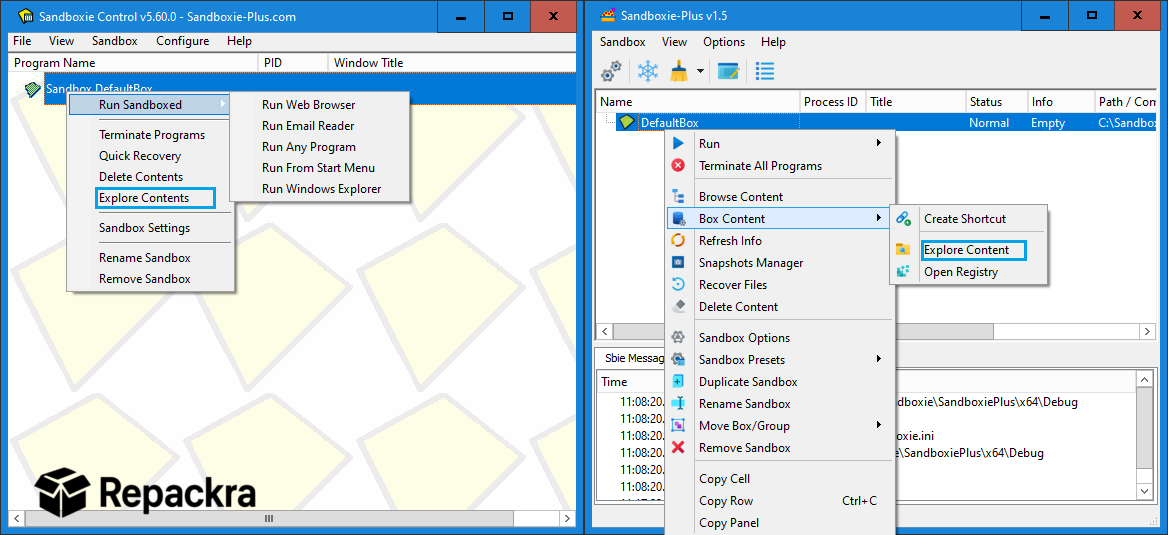 Sandboxie vs Sandboxie Plus Context Menu Options Comparison