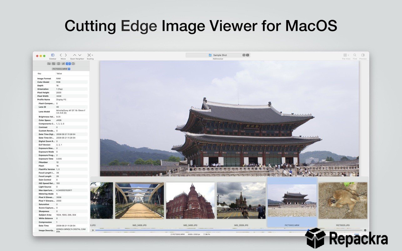 EdgeView for Mac software displaying an architectural photo with an EXIF data sidebar and thumbnail strip.