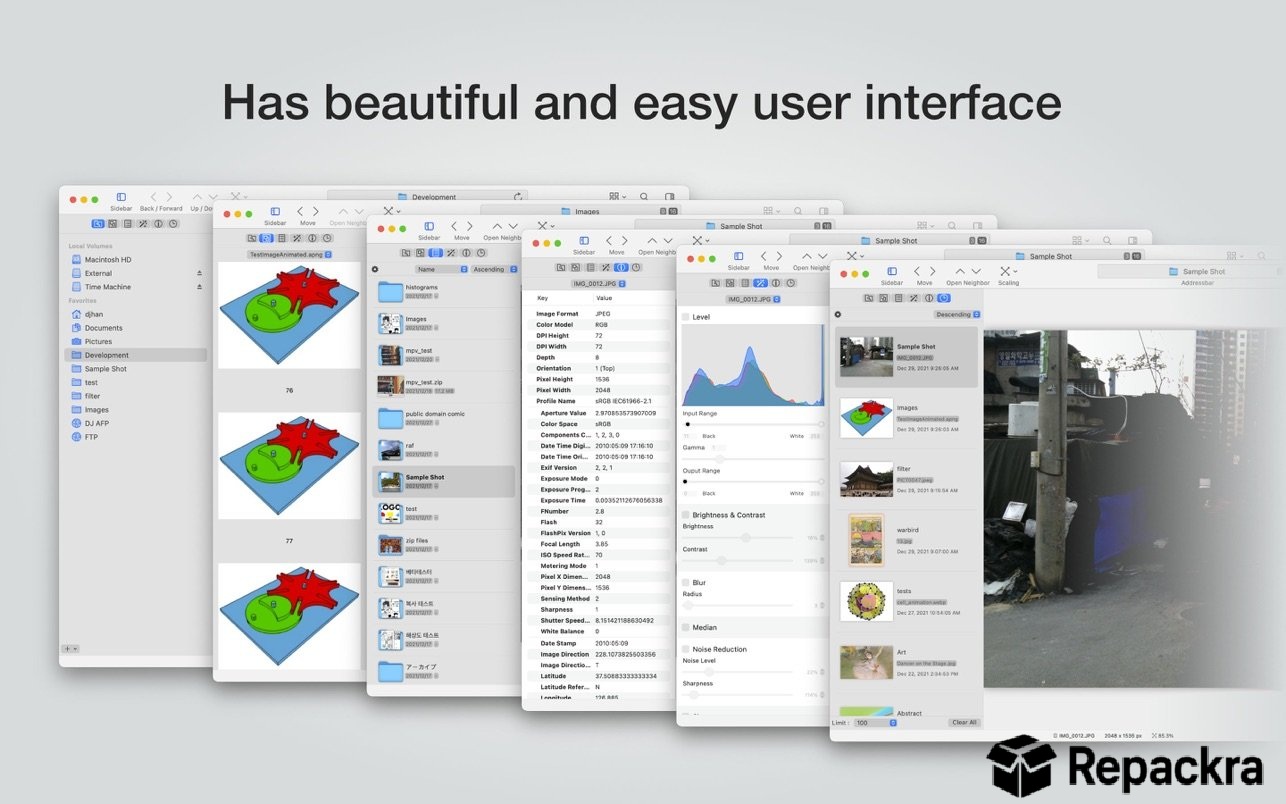 Multiple overlapping windows of EdgeView for Mac showing file navigation, image adjustments, and metadata features.