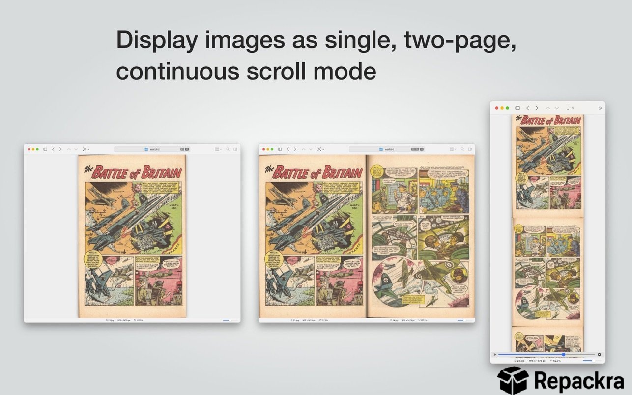 EdgeView for Mac interface demonstrating single-page, two-page, and continuous scroll comic viewing modes.