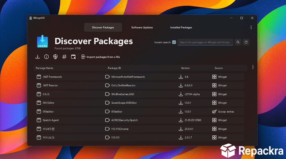 UingetUIi system dashboard interface on PC open to the Discover Packages management screen.