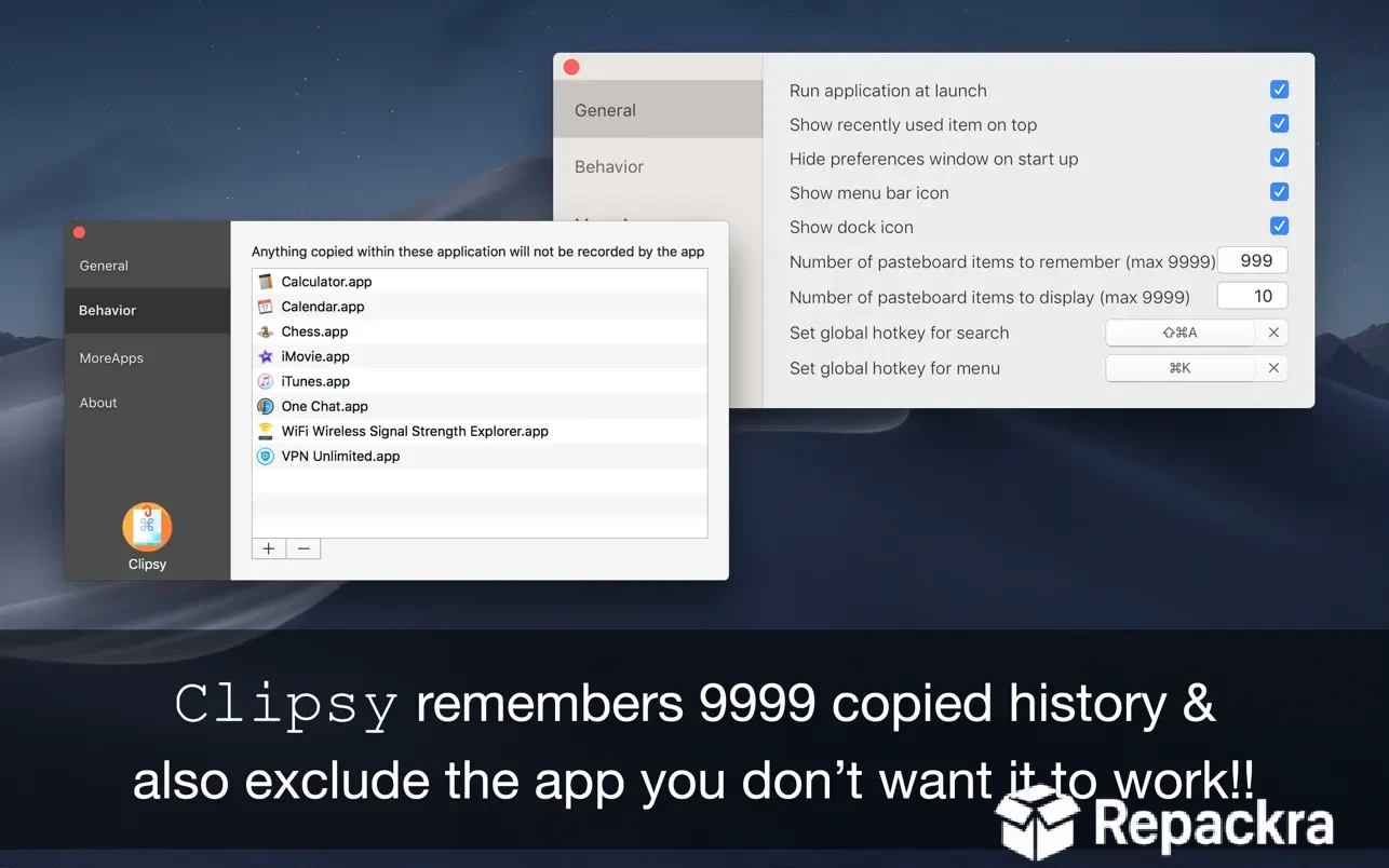 Clipsy preferences windows on Mac displaying General options and the Behavior application exclusion list.
