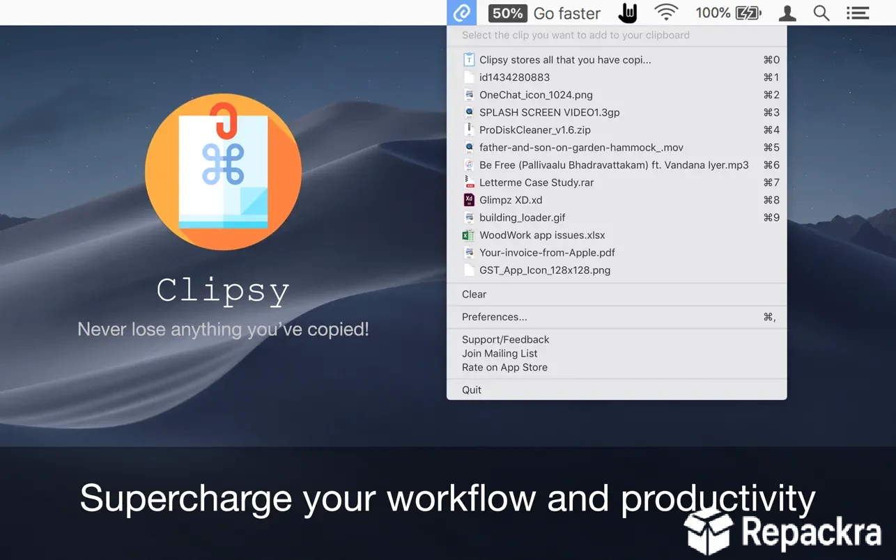 Clipsy application interface on Mac displaying clipboard history dropdown and promotional text over a mountain wallpaper.