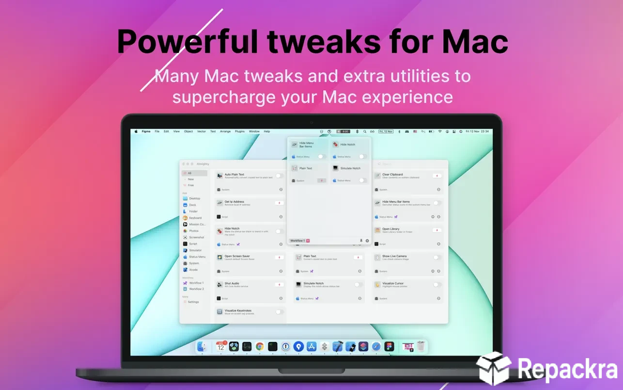 Almighty for Mac dashboard displayed on a laptop screen showing system utilities.