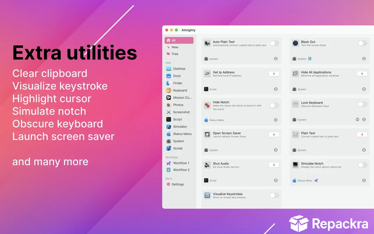 Almighty for Mac application window displaying a grid of configuration toggles and extra utilities.