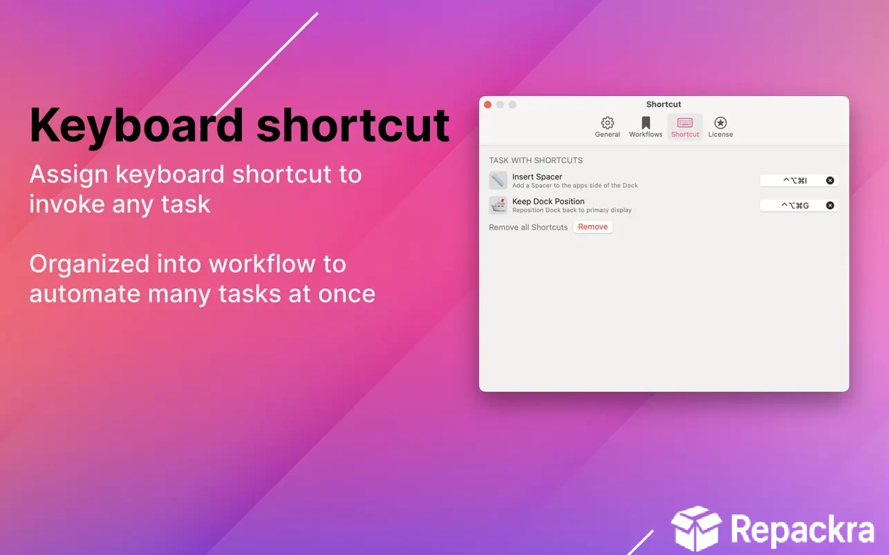 Almighty for Mac application panel showing customizable task keyboard shortcuts.