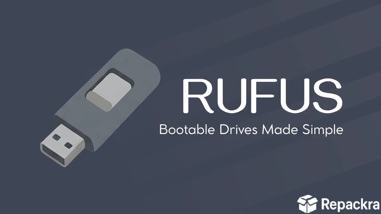 Official Rufus utility banner featuring a grey USB flash drive graphic and white program text typography.