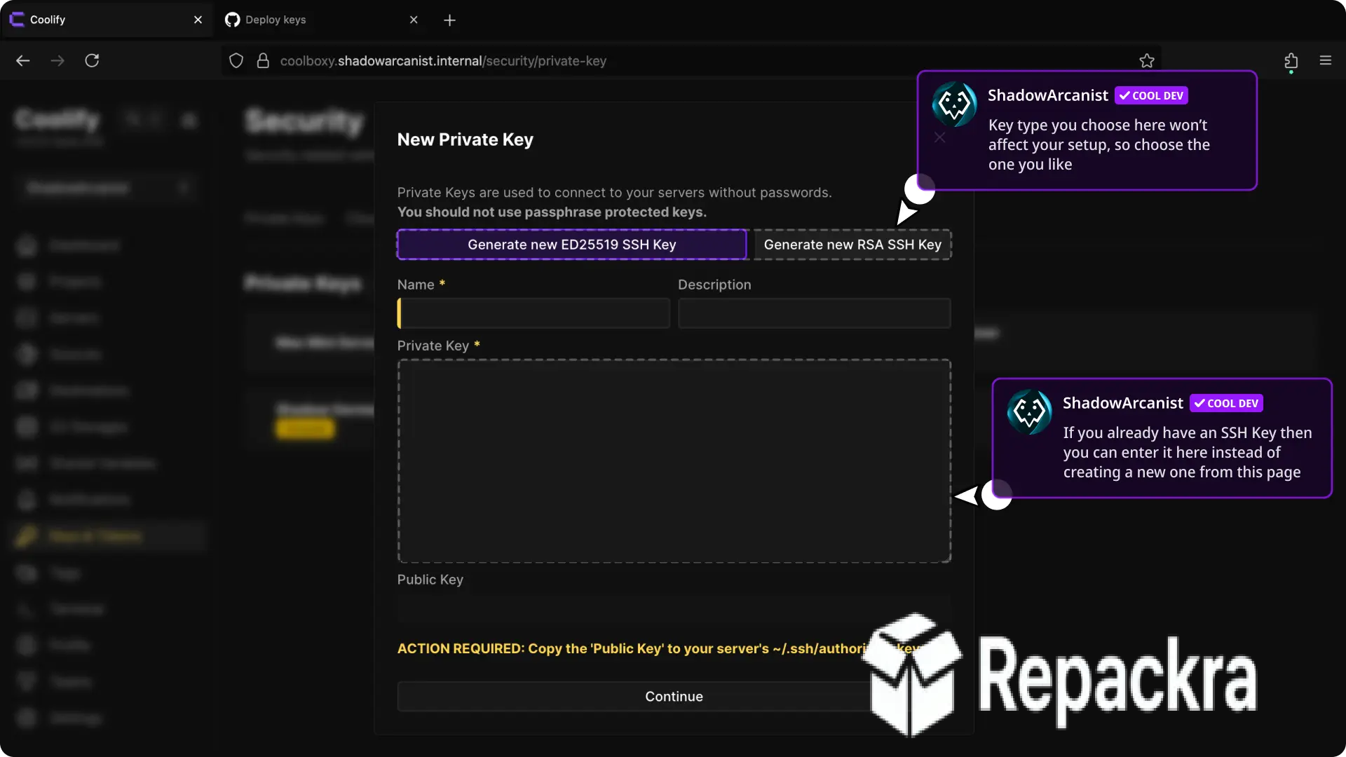 Coolify Security Private Key Setup Interface Screenshot