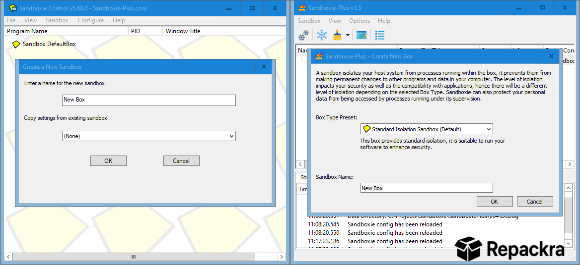 Sandboxie vs Sandboxie Plus Create New Sandbox Window Comparison