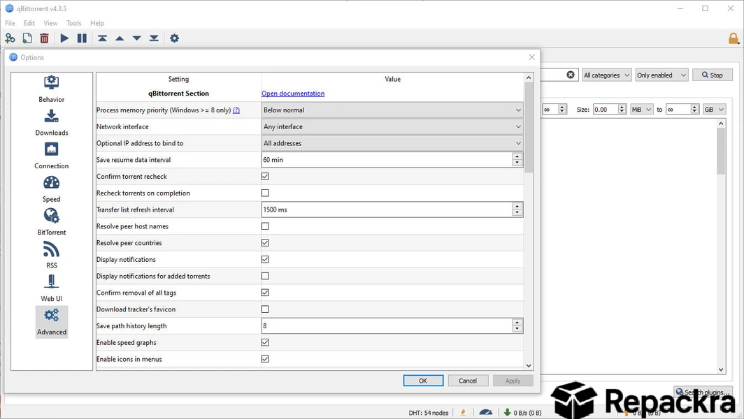 qBittorrent software interface on PC showing the Advanced configuration grid menu inside the Options panel.