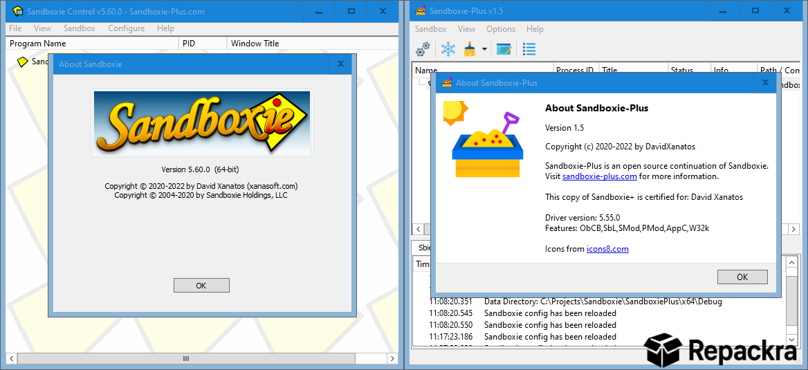 Sandboxie Control vs Sandboxie Plus Windows Version Comparison Screenshot
