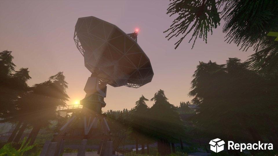 voices-of-the-void-gameplay-satellite-dish-at-sunset-forest