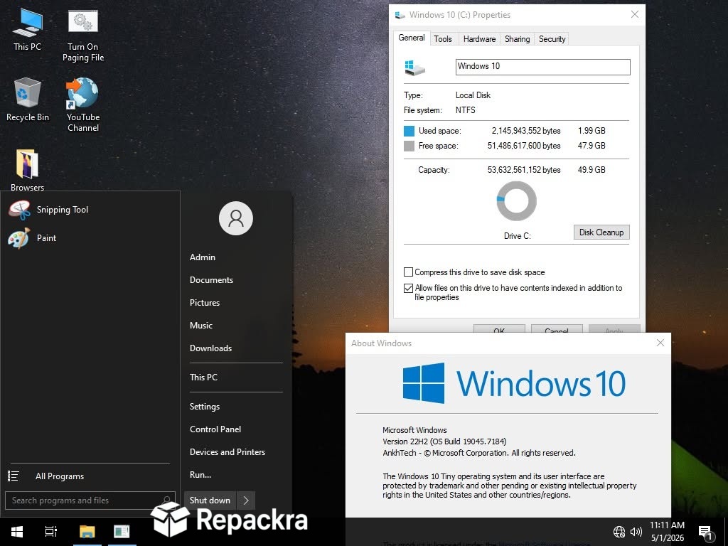Windows 10 Tiny desktop interface showing the local C drive properties and About Windows version window.