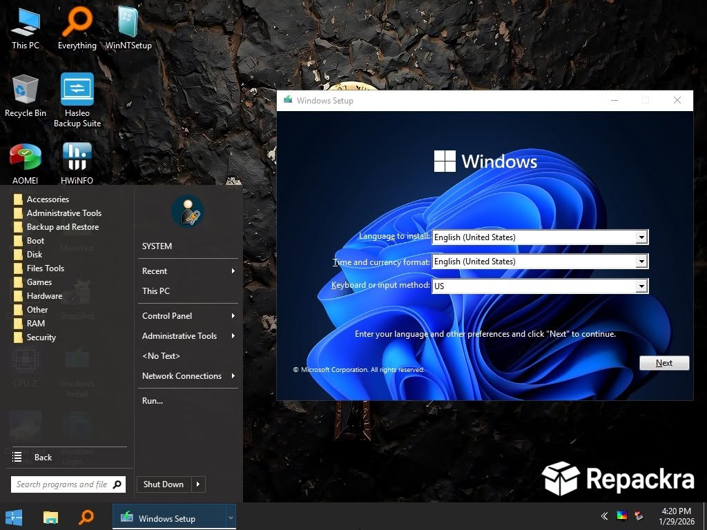 Ankh Technology Emergency OS interface showing an active Windows Setup installation wizard window.