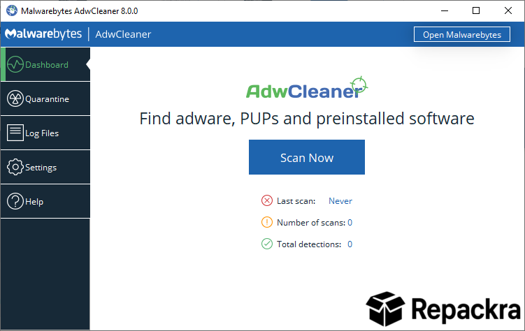 Malwarebytes AdwCleaner for Windows Dashboard Scan Now Screenshot