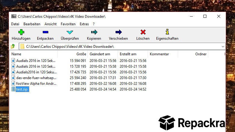 7-Zip file archiver application interface on Windows displaying directory contents with a highlighted zip file.