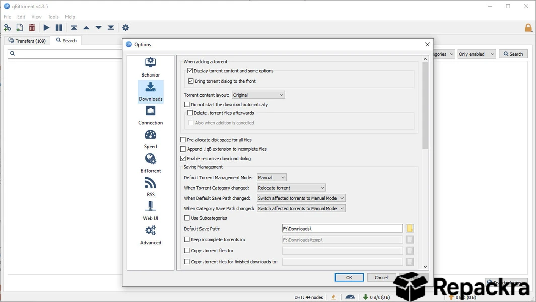 qBittorrent software interface on PC showing the Options settings window open to the Downloads configuration menu.