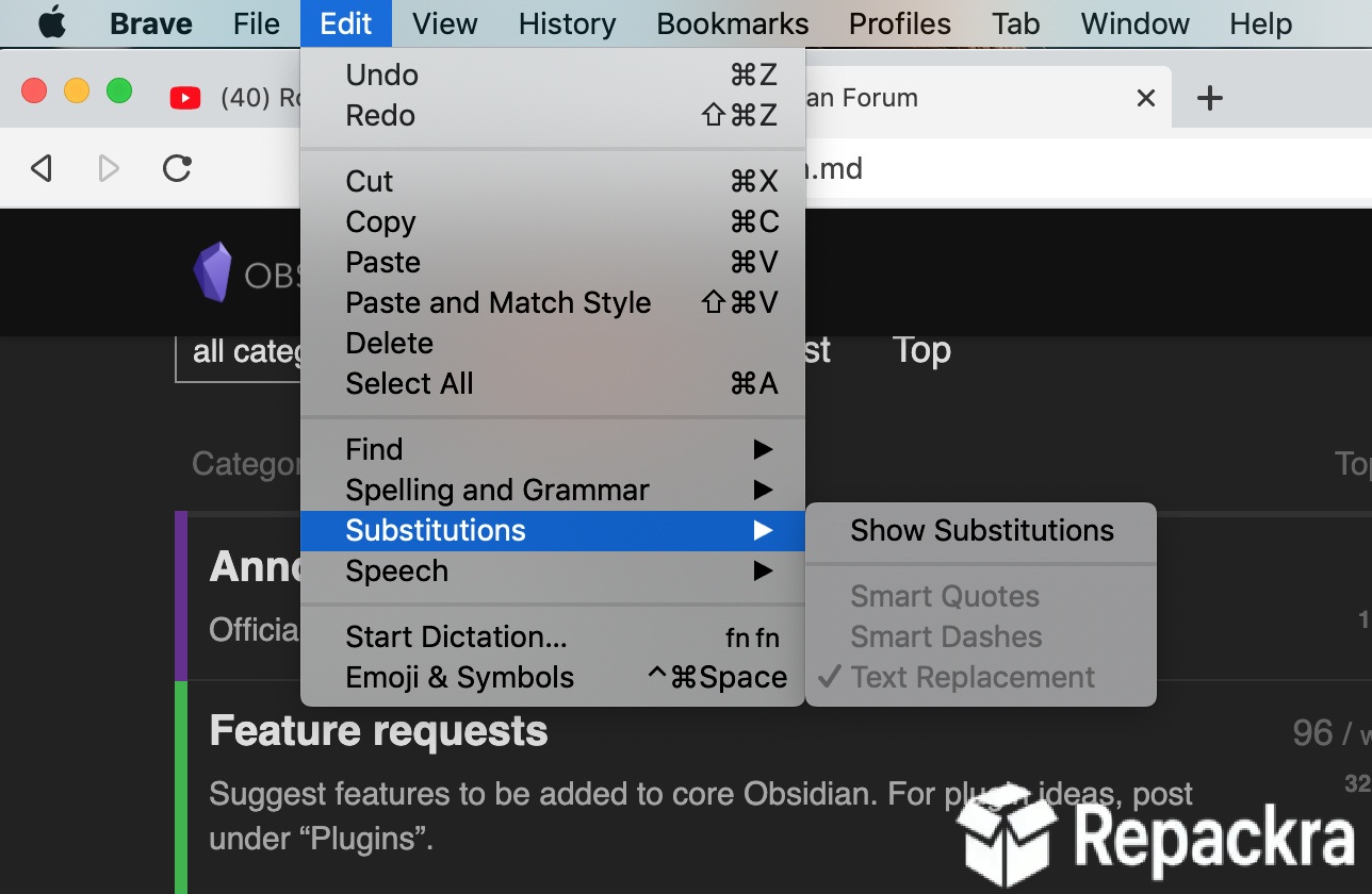 Obsidian for Mac Browser Edit Menu Substitutions Option Screenshot