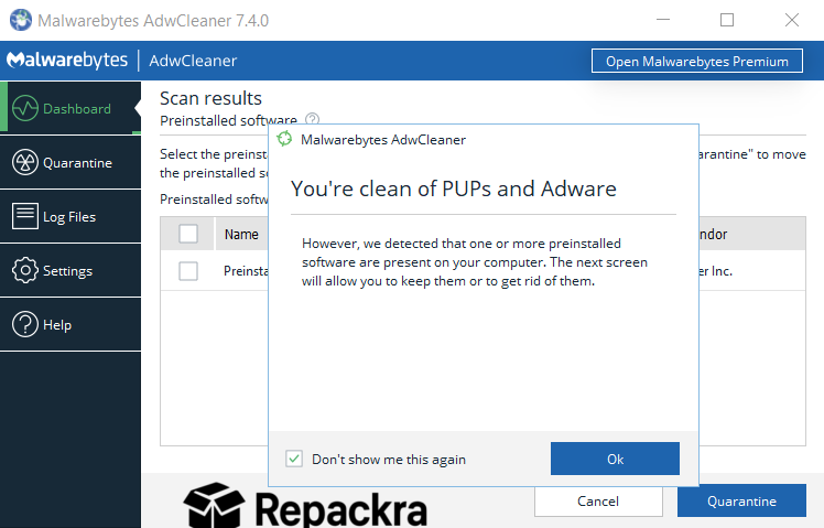Malwarebytes AdwCleaner for Windows Clean of PUPs and Adware Scan Result Screenshot