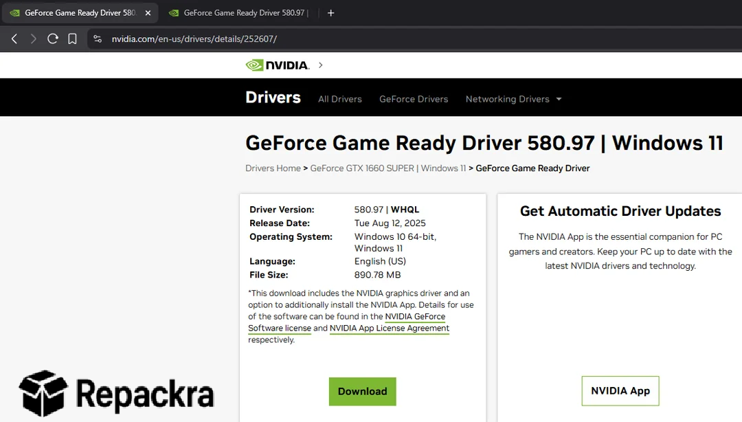 NVIDIA GeForce Game Ready Driver for PC Official Download Page Screenshot