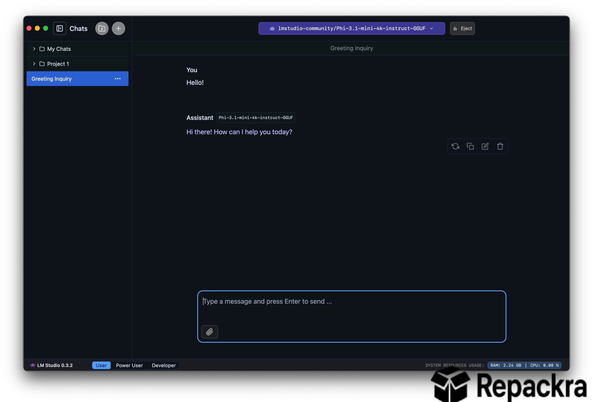 LM Studio for Mac Active AI Chat Session Interface Screenshot