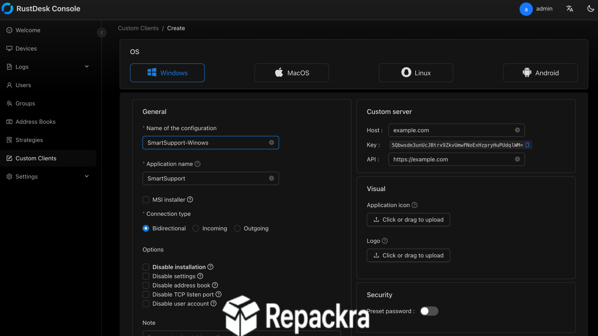 RustDesk Server Console Custom Clients Creation Interface Screenshot
