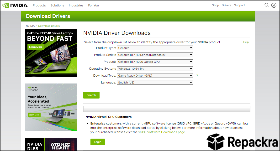NVIDIA Official Website Driver Downloads Page Interface Screenshot